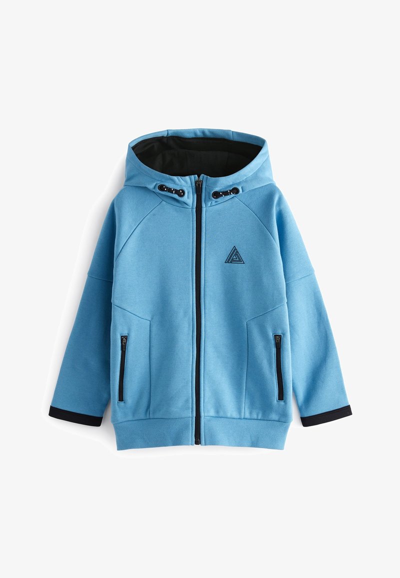 Sweat à capuche bleu clair zippé avec doublure intérieure noire, cordons de réglage ajustables sur la capuche, deux poches avant zippées et un petit logo triangulaire sur la poitrine.