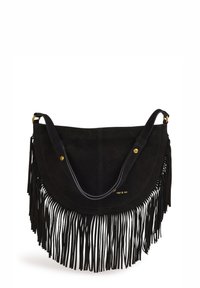 Black suede shoulder bag featuring a semicircular shape and long fringes at the bottom. Detachable shoulder strap and gold-tone hardware accents.