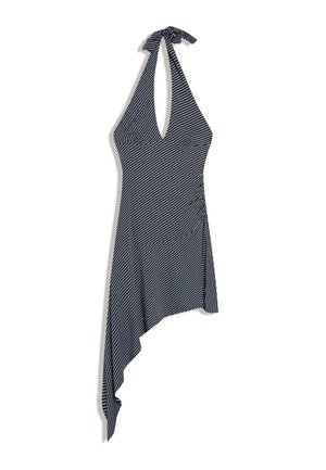 Črno-bela obleka s poševnimi črtami, brez rokavov, z asimetričnim robom in zavezanjem na vratu.