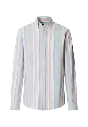 Camisa de hombre de manga larga con botones y rayas verticales en tonos pastel de azul claro, rosa, blanco y gris.