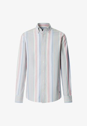 Herenoverhemd met lange mouwen en knopen, met verticale pastelkleurige strepen in lichtblauw, roze, wit en grijs.