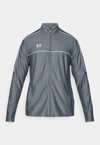 Gray athletic jacket with a zip front, high collar, white accents along the shoulders, and long sleeves. Made from smooth, stretchable material.