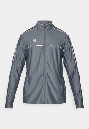 Gray athletic jacket with a zip front, high collar, white accents along the shoulders, and long sleeves. Made from smooth, stretchable material.