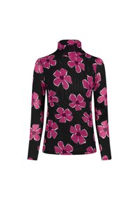 Zwarte lange mouwen turtleneck top met een bloemenpatroon in roze en bordeauxrood, gemaakt van een zachte, gestructureerde stof.