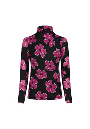 Zwarte lange mouwen turtleneck top met een bloemenpatroon in roze en bordeauxrood, gemaakt van een zachte, gestructureerde stof.