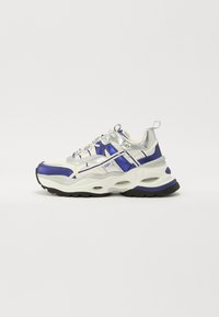 Chunky sneakers med en sølvfarget mesh-overdel med lilla detaljer, hvite elementer, tykk såle og reflekterende snørebånd. Strukturerte designelementer.