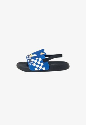 Sandalo nero con cinturino blu raffigurante il volto di un gatto dei cartoni animati blu e motivo a quadretti bianchi, retro aperto con cinturino sul tallone.
