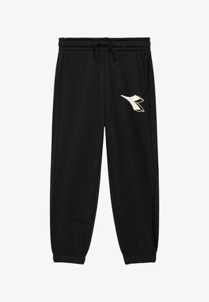 Pantaloni della tuta neri con vita elastica e coulisse. Presentano un logo bianco sulla coscia sinistra e polsini aderenti alle caviglie.