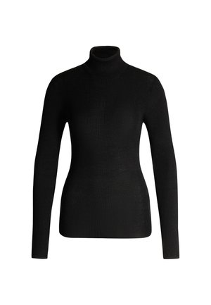Schwarzer Rollkragenpullover aus geripptem Stoff, mit langen Ärmeln und enganliegendem Design, mit einer glatten, weichen Textur.