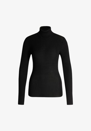 Pull à col roulé noir en tissu côtelé, avec des manches longues et une coupe ajustée, offrant une texture lisse et douce.
