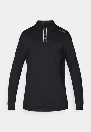 Czarna koszulka polo z długim rękawem wykonana z gładkiego materiału, z kołnierzykiem, plisą zapinaną na trzy guziki oraz białymi akcentami na plisie i ramieniu.