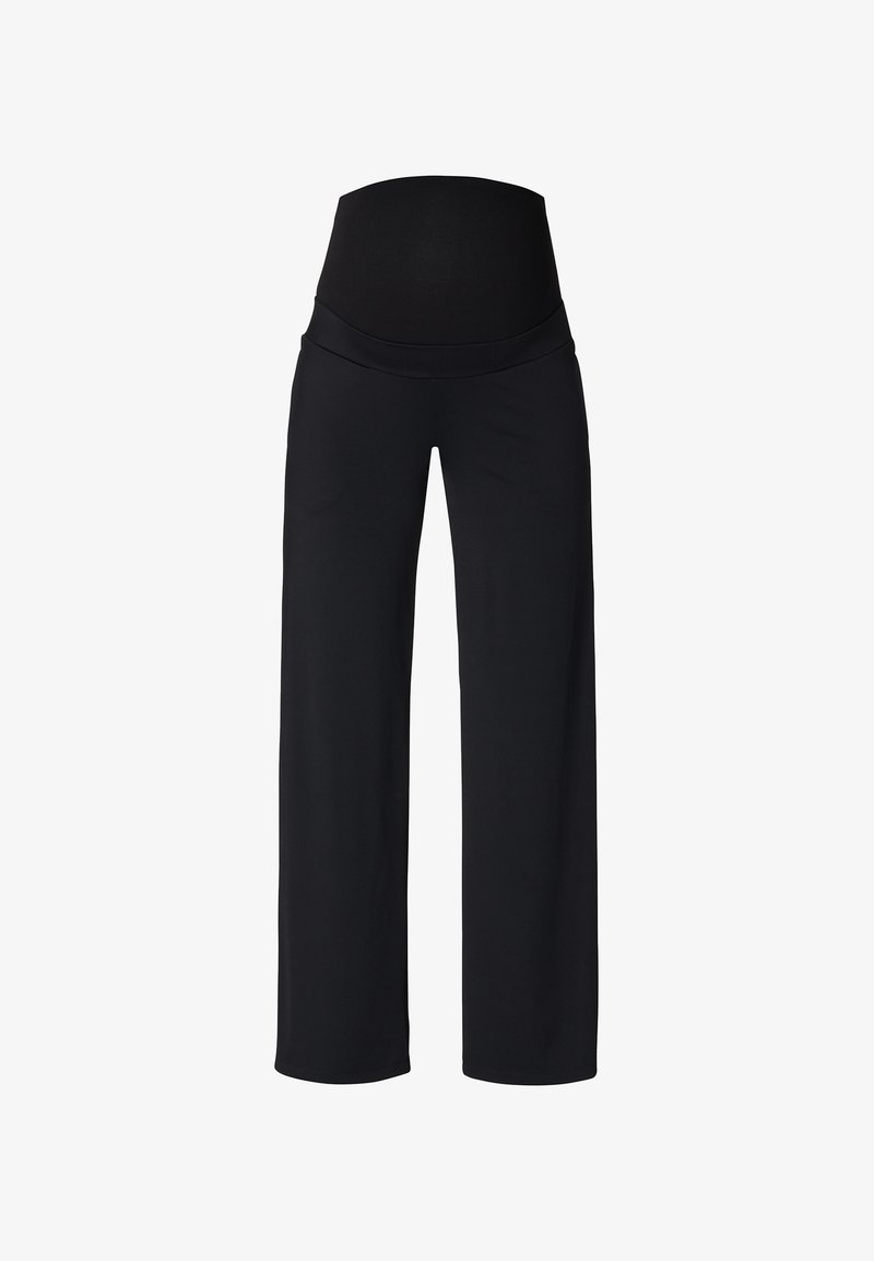 Pantalon noir à jambes larges en tissu doux et extensible. Doté d'une taille élastique haute pour le confort et d'une coupe décontractée sur toute la longueur des jambes.