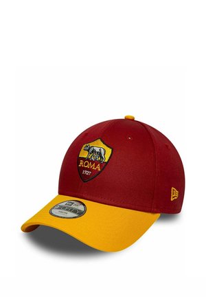 Czerwona i żółta czapka z daszkiem z logo AS Roma przedstawiającym wilka i bliźnięta, oznaczona rozmiarem młodzieżowym 9FORTY od New Era.
