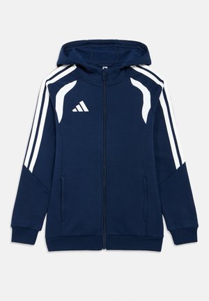 Navy hooded sweatshirt with white accents, full zip, two side pockets, and three white stripes on shoulders. Features Adidas logo on chest.