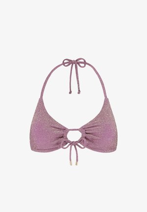 Błyszczący różowy top bikini typu halter z centralnym wycięciem i regulowanymi sznureczkami przy szyi oraz z przodu.