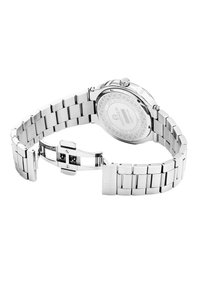 Silver stainless steel wristwatch featuring a polished bracelet and a round case with a textured back and logo engraving.