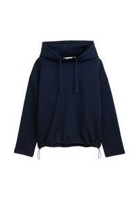 Felpa con cappuccio blu navy, con maniche lunghe, coulisse sul cappuccio e orlo arricciato. Texture liscia, dettaglio di branding minimale.