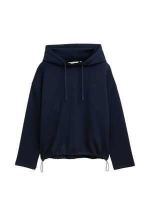 Navyblauer Kapuzenpullover mit langen Ärmeln, Kordelzug an der Kapuze und gerafftem Saum. Glatte Textur, minimale Markenkennzeichnung.