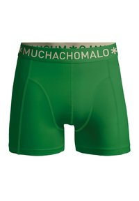 Zöld boxer alsónadrág sima, rugalmas anyagból. Fehér elasztikus derékpánttal rendelkezik, amin "MUCHACHO" felirat szerepel. Egyszerű dizájn, minta nélkül.
