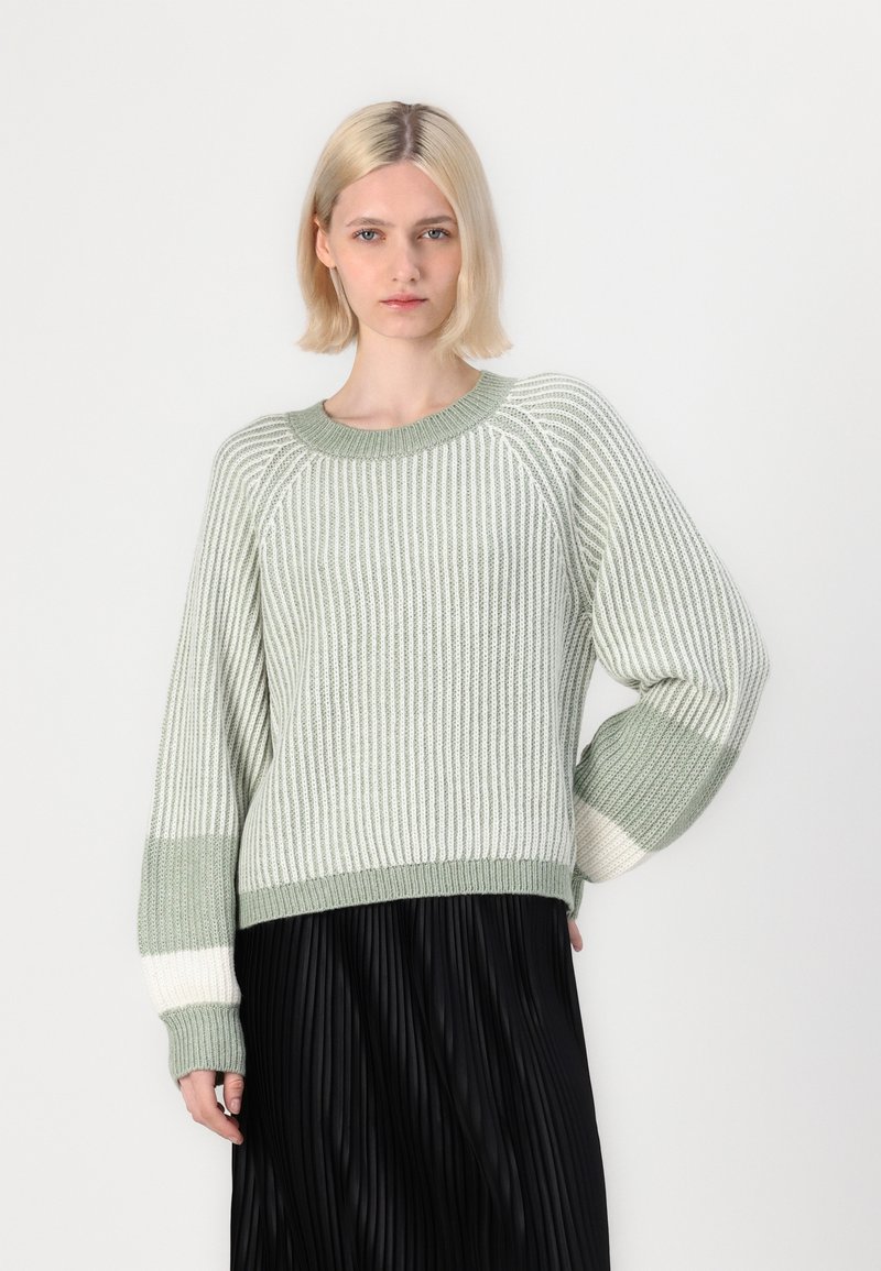 Vrouw met kort blond haar, in een groen-wit gestreepte gebreide trui en een zwarte geplooide rok, staand tegen een effen witte achtergrond.