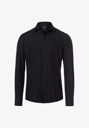 Schwarzes Herrenhemd mit langen Ärmeln, Knöpfen vorne und spitzem Kragen, auf weißem Hintergrund dargestellt.