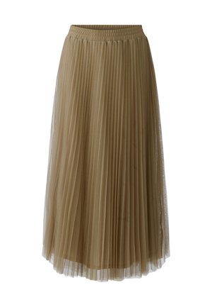 Lichtbruine plissé midi-rok met elastische tailleband en gelaagde transparante stof voor extra textuur en volume.