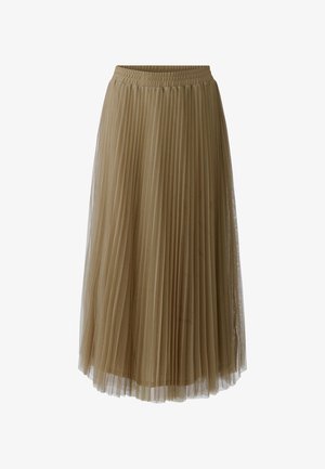 Jupe midi plissée marron clair avec taille élastique et tissu transparent superposé pour plus de texture et de volume.