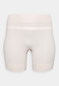 Beige shorts met een gladde textuur, van middeldijenlengte, en een elastische tailleband met een subtiele horizontale streepdetail.