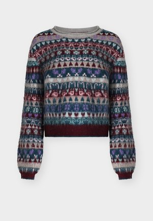 Multicolor knit sweater with crew neck, featuring horizontal geometric and reindeer patterns in shades of burgundy, teal, gray, and purple.