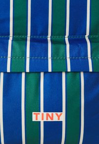 Tissu rayé bleu et vert avec des lignes verticales, portant une étiquette blanche bien visible avec le mot "TINY" en rouge. Texture lisse, matériau durable.