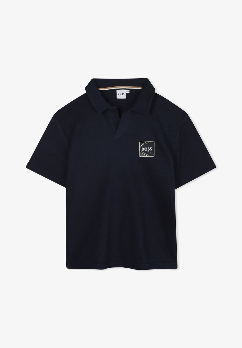 Polo shirt bleu marine en coton avec un col court, des manches courtes et un logo brodé présentant "BOSS" dans un carré sur le côté gauche de la poitrine.