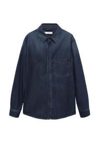 Dark blue denim shirt with a pointed collar, button closure, long sleeves, and a single chest pocket. The fabric has a smooth texture.