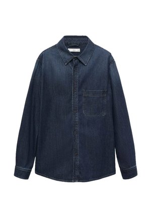 Dark blue denim shirt with a pointed collar, button closure, long sleeves, and a single chest pocket. The fabric has a smooth texture.