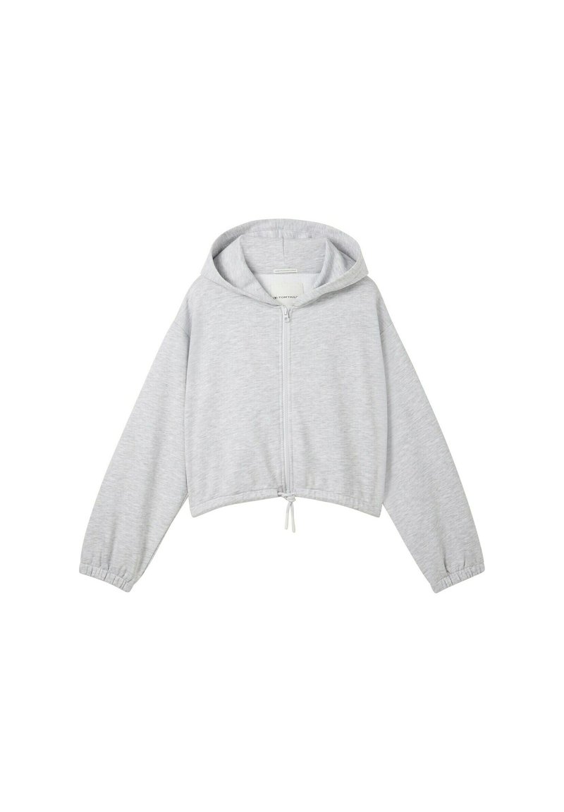 Sweatshirt gris court avec capuche, fermeture éclair sur le devant et cordon de serrage à l'ourlet. Doté de manches longues et de poignets élastiques. Tissu doux et texturé.