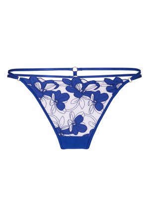 Blue lace women's thong underwear with floral embroidery and double elastic waistband straps connected by small gold rings.