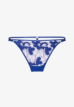 Blue lace women's thong underwear with floral embroidery and double elastic waistband straps connected by small gold rings.