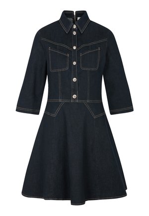 Mørkeblå denimkjole med krave, knaplukning foran, trekvartærmer, brystlommer og udvidet skørt med kontrastsyning.