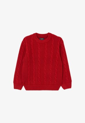 Rode kabelgebreide lange mouw trui met geribbelde ronde hals, manchetten en zoom, ontworpen voor kinderen.