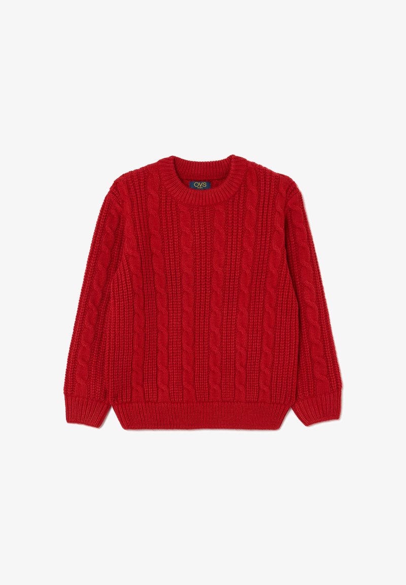 Rode kabelgebreide lange mouw trui met geribbelde ronde hals, manchetten en zoom, ontworpen voor kinderen.
