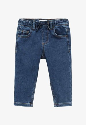 Blugi pentru copii mici de culoare albastră, cu talie elastică și șnur negru, buzunare frontale și din spate, și cusături de contrast portocalii.