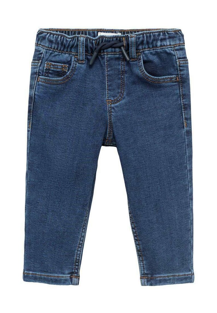 Modré dětské džíny s elastickým pasem a černou šňůrkou, přední a zadní kapsy a oranžovým kontrastním prošitím.