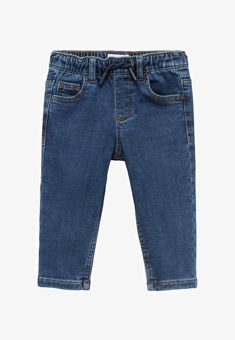 Blugi pentru copii mici de culoare albastră, cu talie elastică și șnur negru, buzunare frontale și din spate, și cusături de contrast portocalii.