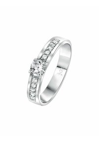 Zilveren trouwring met een centrale ronde diamant en een band met kleinere accentstenen, gladde afwerking en een eigentijds design.