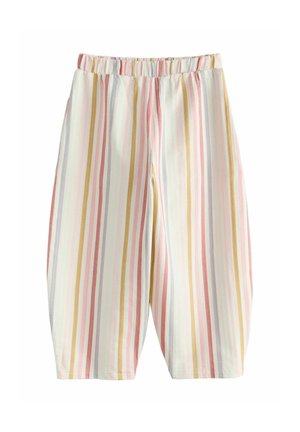 Pantaloni a vestibilità ampia con righe verticali in rosa pastello, giallo e grigio su sfondo crema, con vita elasticizzata.