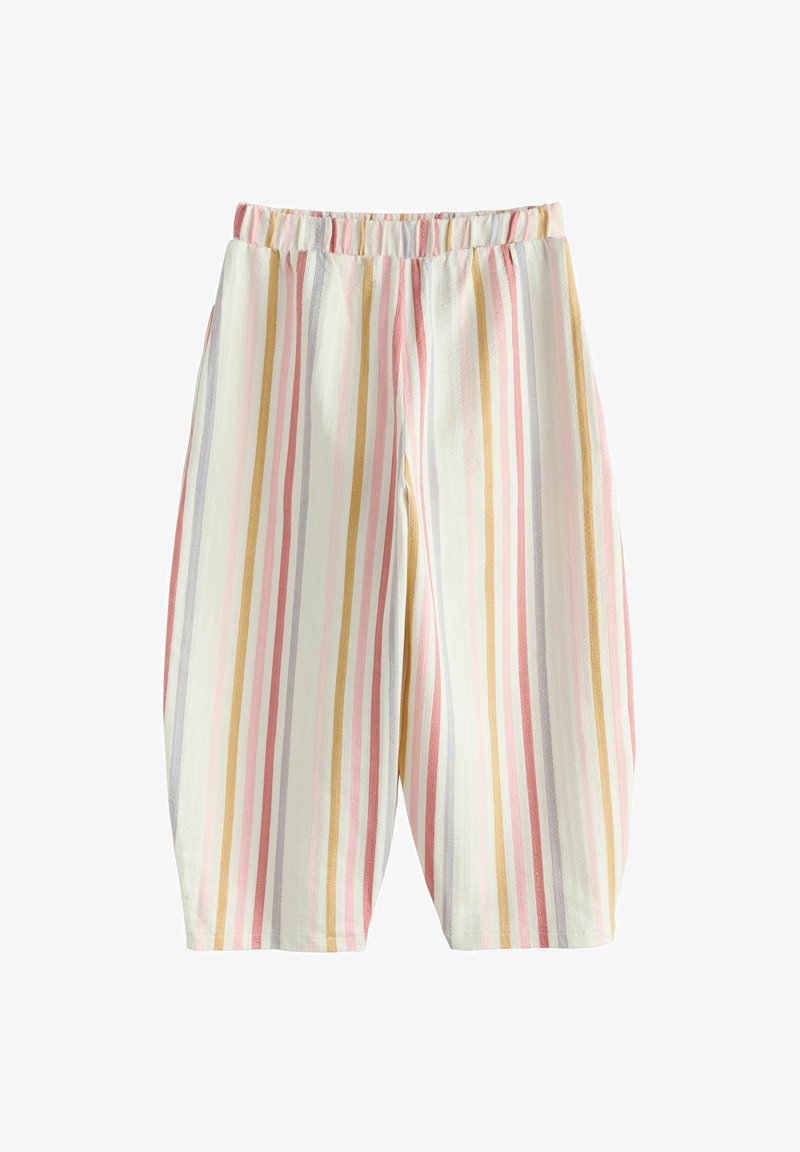 Pantalon à coupe ample avec des rayures verticales en rose pastel, jaune et gris sur un fond crème, doté d'une taille élastique.