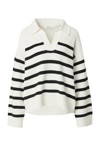 Witte trui met zwarte horizontale strepen, geribbelde textuur, V-hals en een ingesneden kraag. Heeft losse, lange mouwen en een cropped fit.