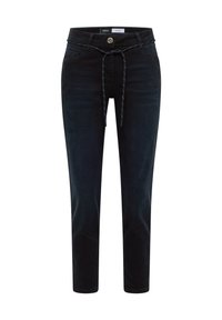 Donkerblauwe denim broek met een aansluitend ontwerp, trekkoord in de taille, zakken aan de voorkant en een knoopsluiting. Gladde textuur met minimale stikdetails.