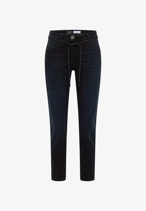 Ciemnoniebieskie dżinsowe spodnie o dopasowanym kroju, z elastycznym pasem na sznurki, przednimi kieszeniami i zapięciem na guzik. Gładka tekstura z minimalną ilością przeszyć.