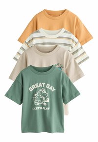 Vier Kurzarm-T-Shirts: einfarbig orange, gestreift in Creme und Braun, beige mit Druck und grün mit Dinosaurier-Grafik. Baumwollstoff, legerer Schnitt.