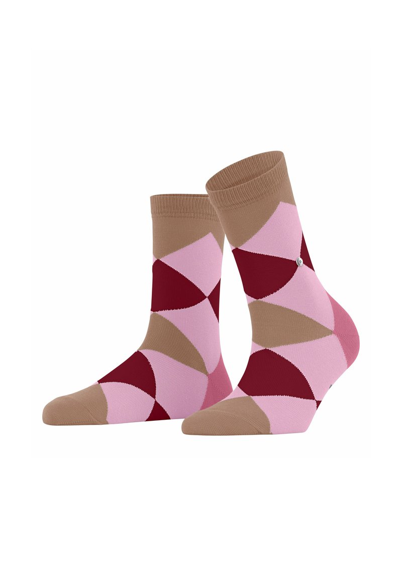Skarpetki w wielu kolorach z geometrycznym wzorem w odcieniach różu, czerwieni i beżu. Miękka tekstura z wzmocnionym palcem i ściągaczem.